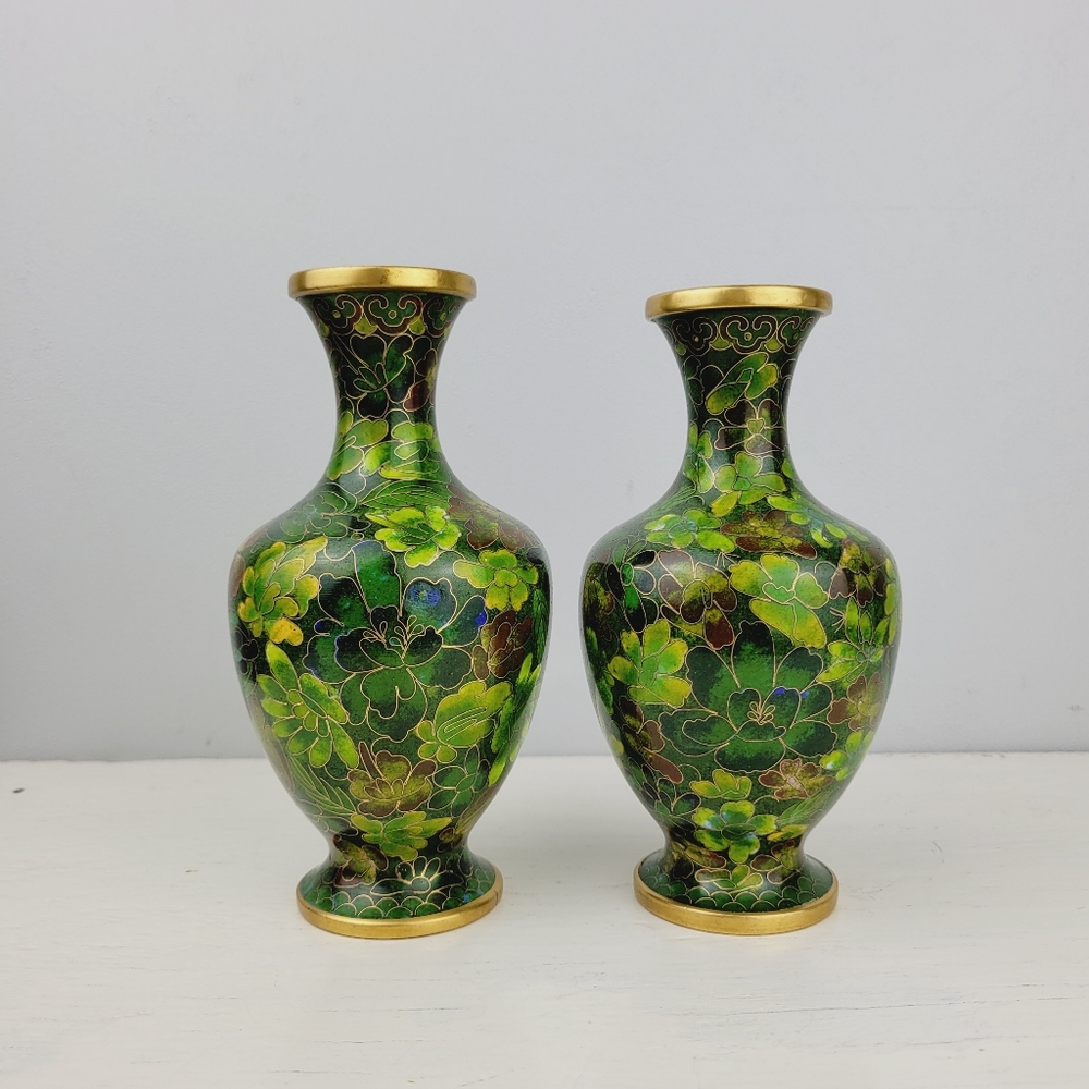 Vintage Cloisonne Enamel Brass Floral Vases Green Gold Leave Intricate Detail